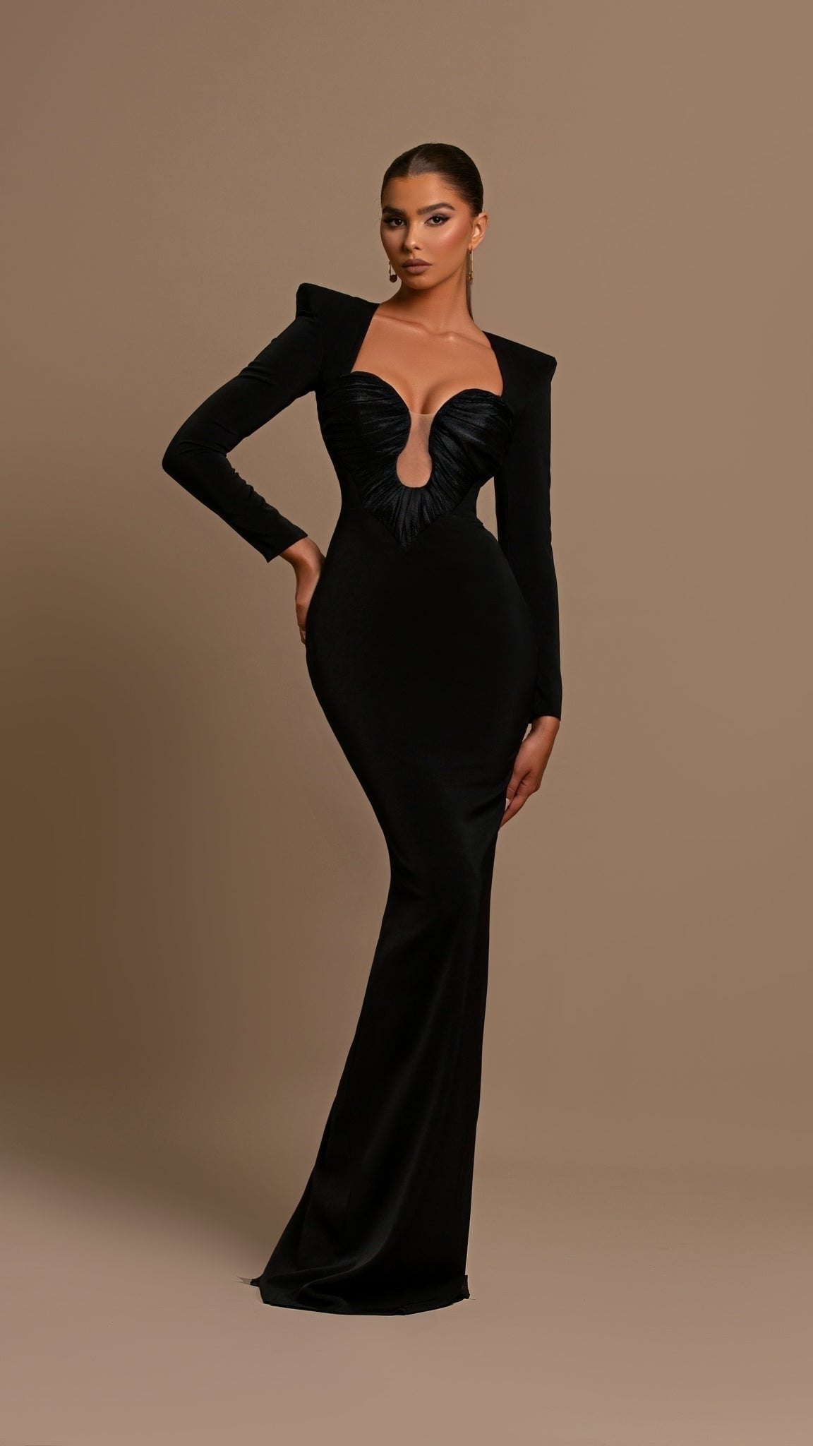 Blace long-sleeved square-neck solid-color evening gown dress