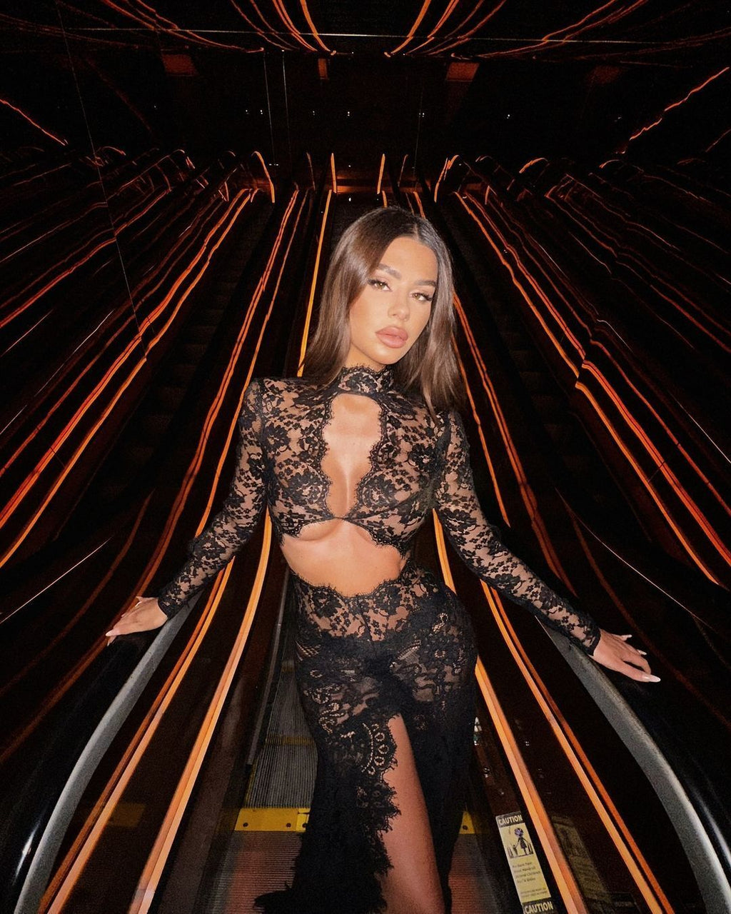 Black Deep V-neck lace long-sleeved see-through tight-fitting slit maxi dress