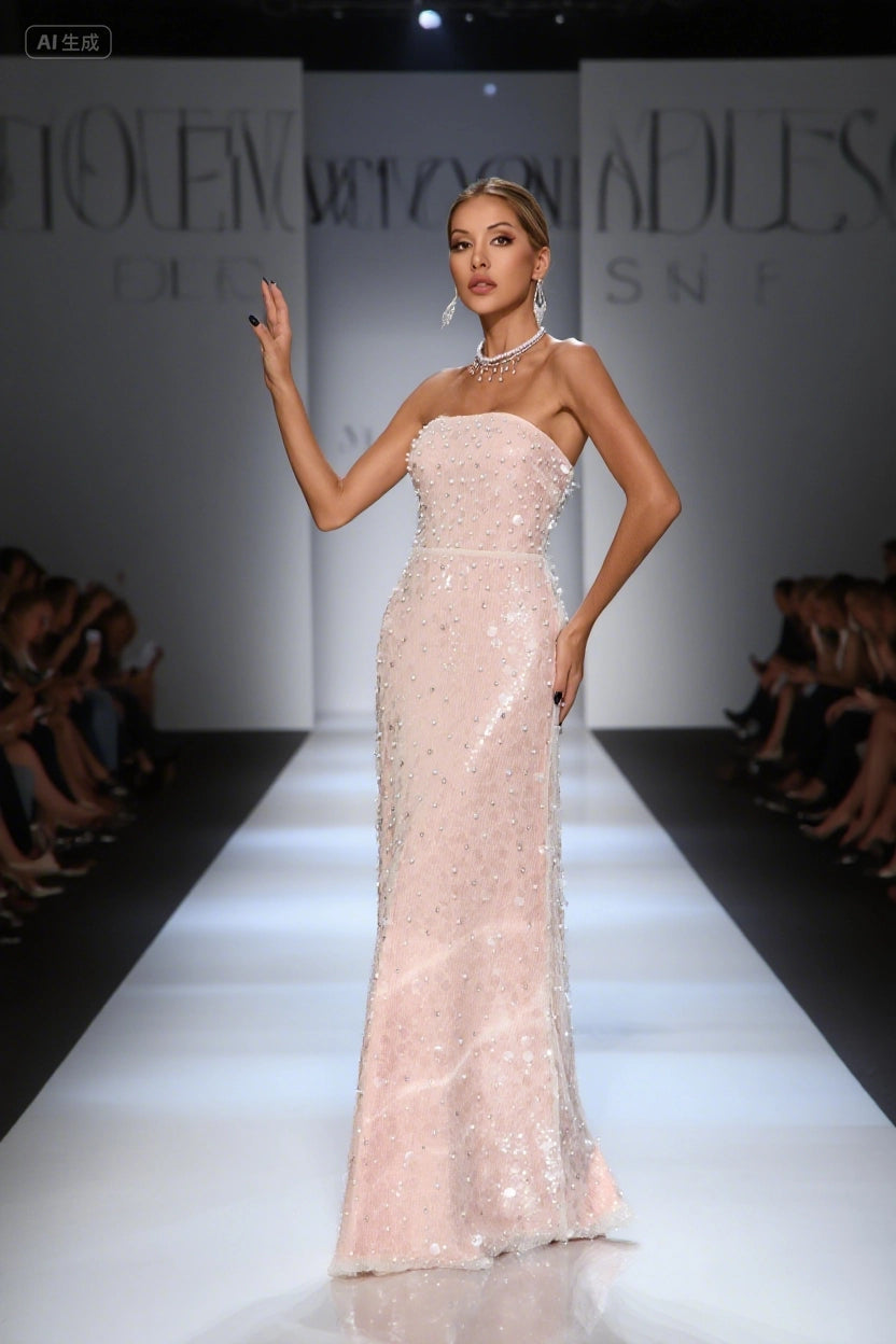 Sequined tube top dress with slim waist and elegant lady dress