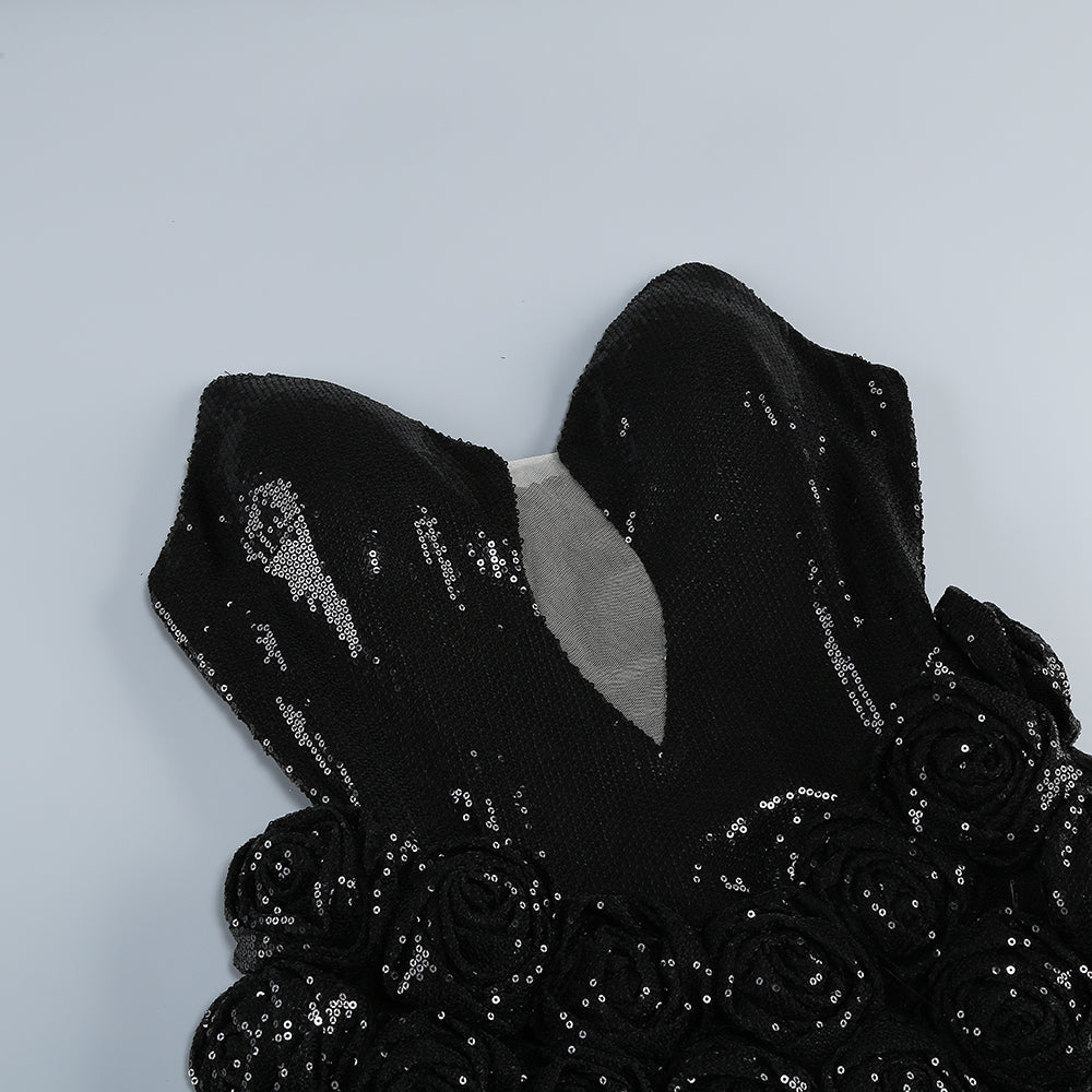 Deep V Hollow Black Sequined Fishtail Dress Three-Dimensional Flower Decoration High-end Party Dress