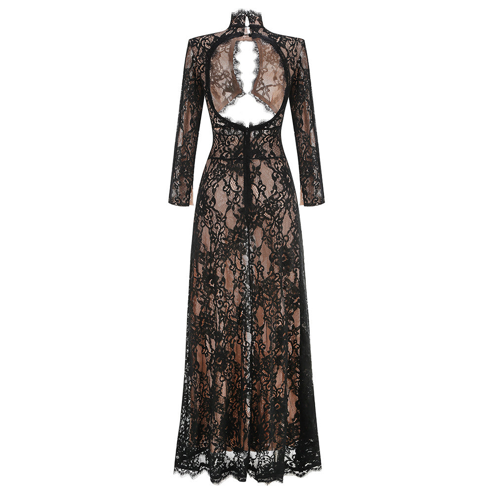 Black Deep V-neck lace long-sleeved see-through tight-fitting slit maxi dress