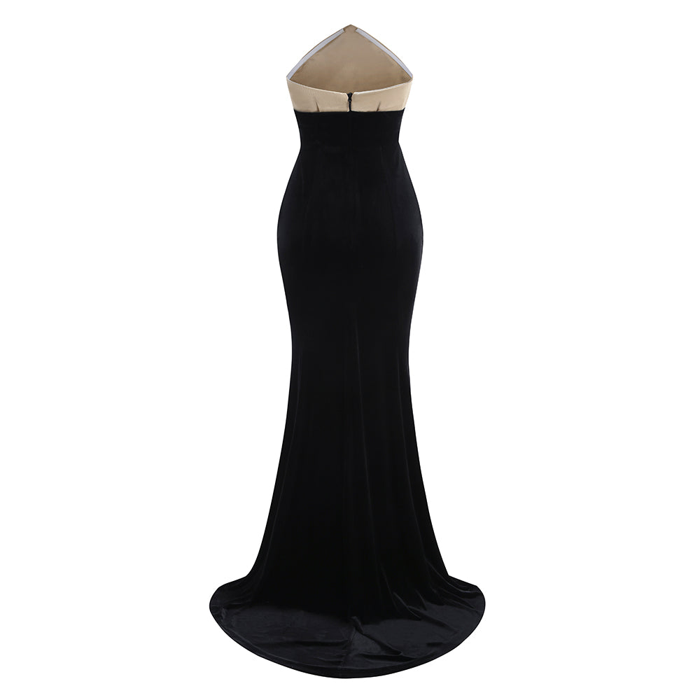 Leather stitching black velvet slit long skirt high waist slim sexy fishtail evening dress skirt