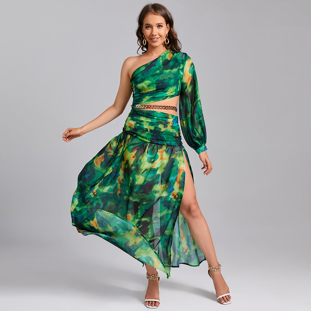 Spring and summer new oblique shoulder exposed waist sexy high fork printed dress