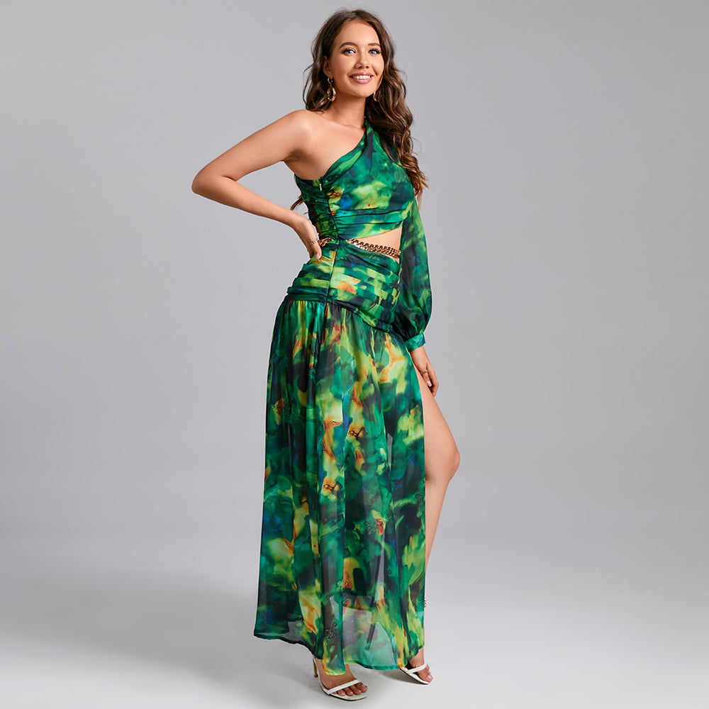 Spring and summer new oblique shoulder exposed waist sexy high fork printed dress