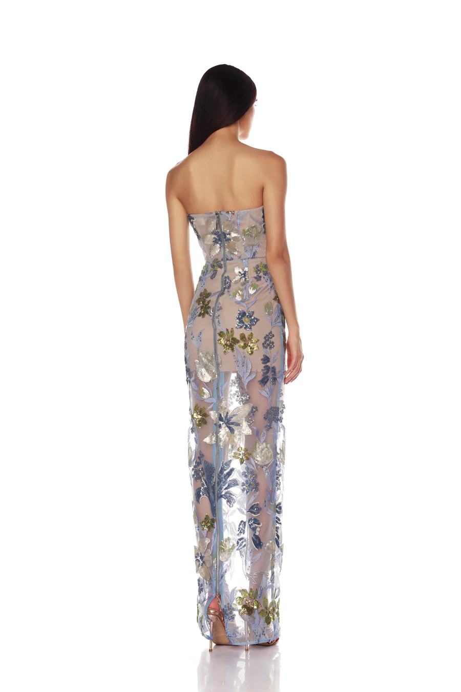 Strapless mesh floral embroidered long evening dress