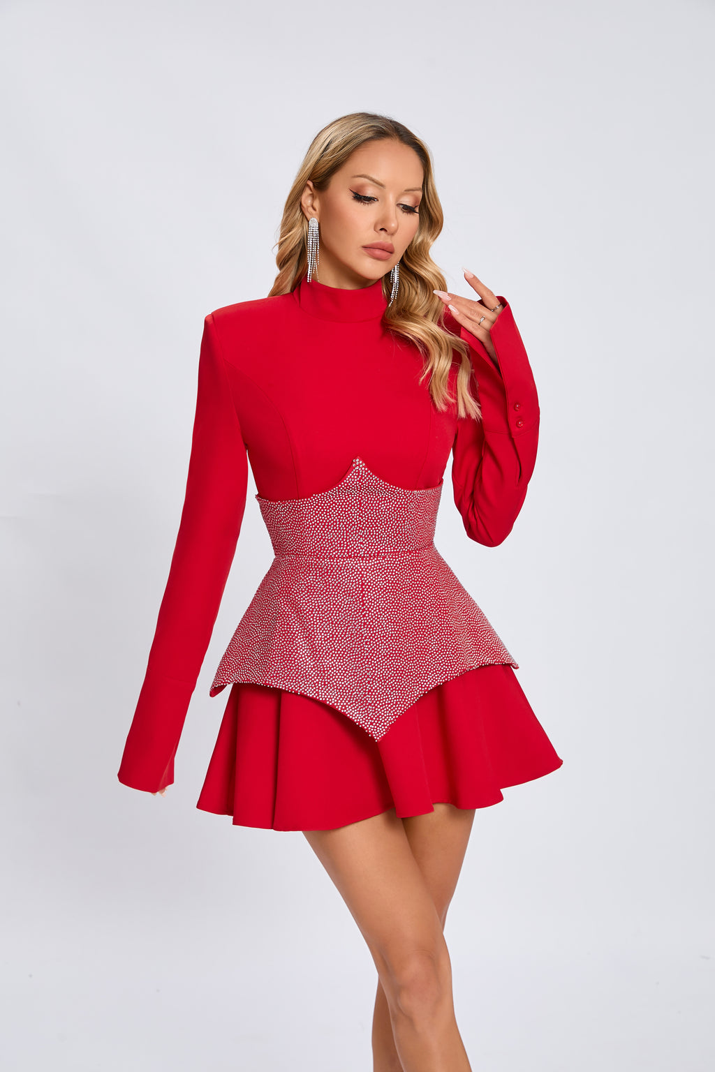Stand collar long sleeve sequin contrast color slim fit patchwork dress