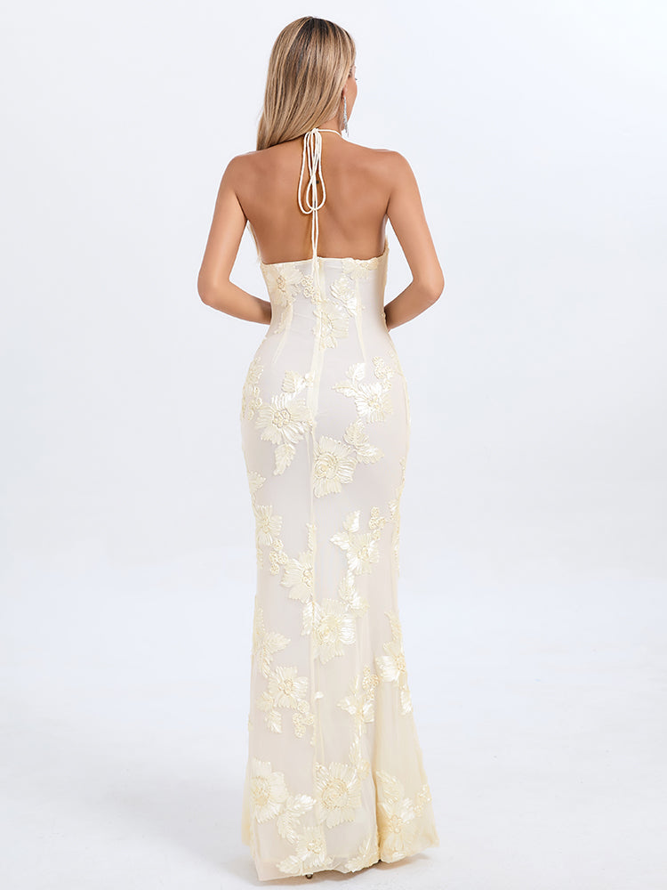 Griselda Flower Halter Embroidery Maxi Dress - White