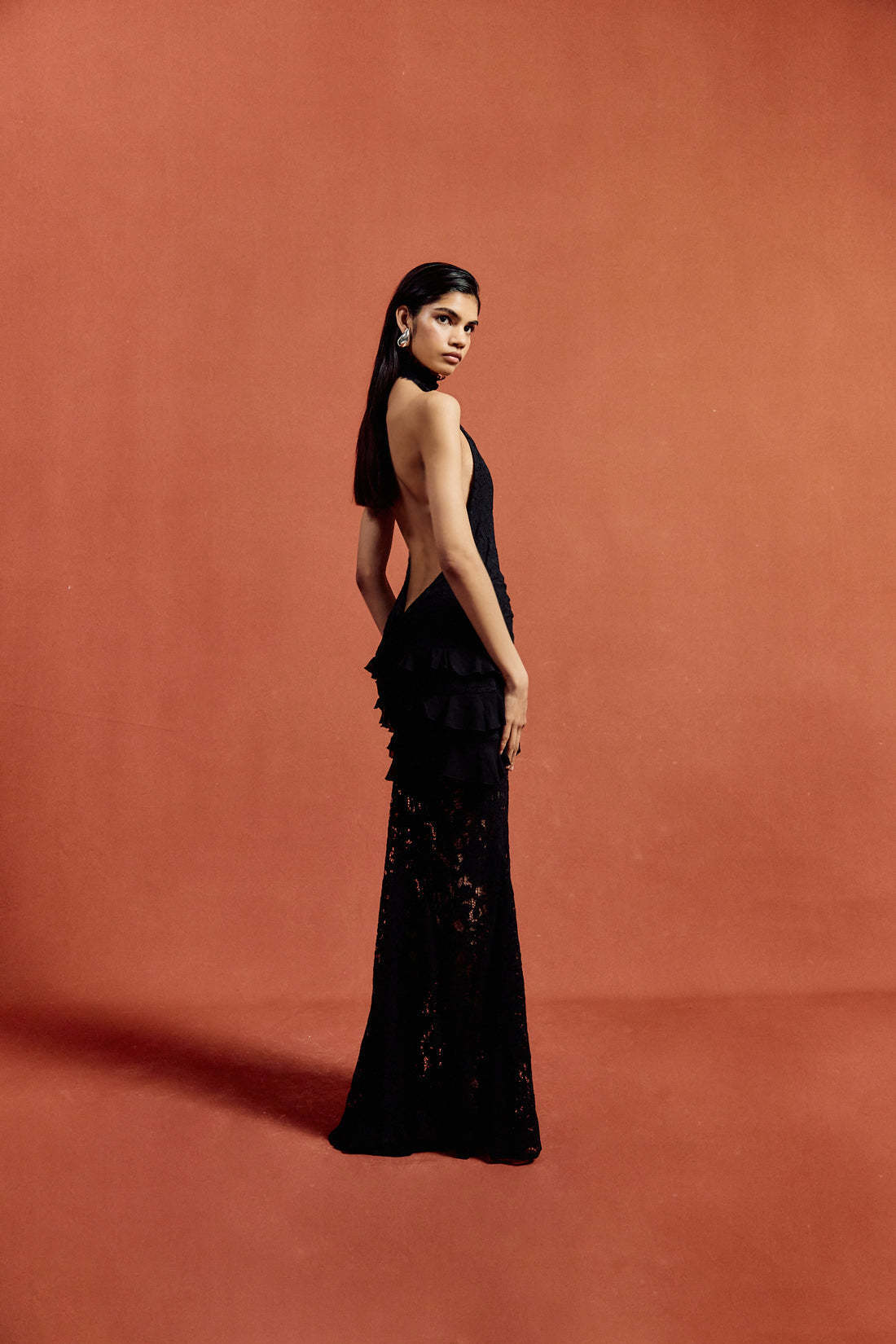 Sexy deep V halter neck lace slim fit evening dress