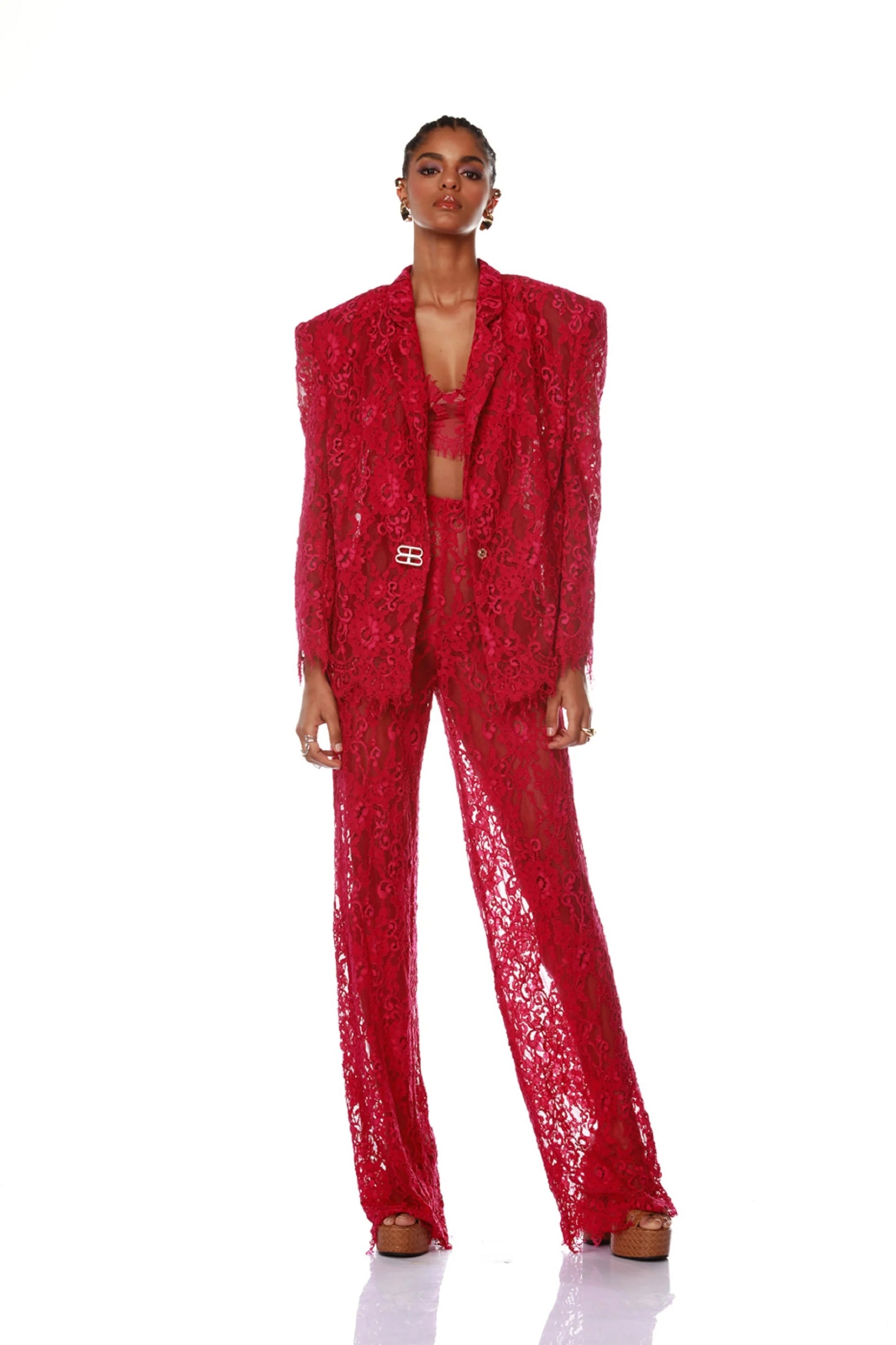 One-button suit, bra, flared trousers, three-piece suit, mesh lace dress