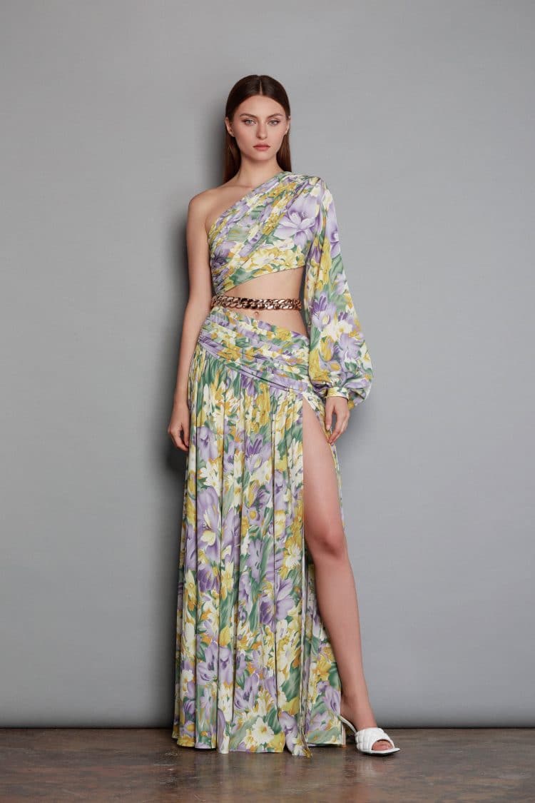 Spring and summer new oblique shoulder exposed waist sexy high fork printed dress