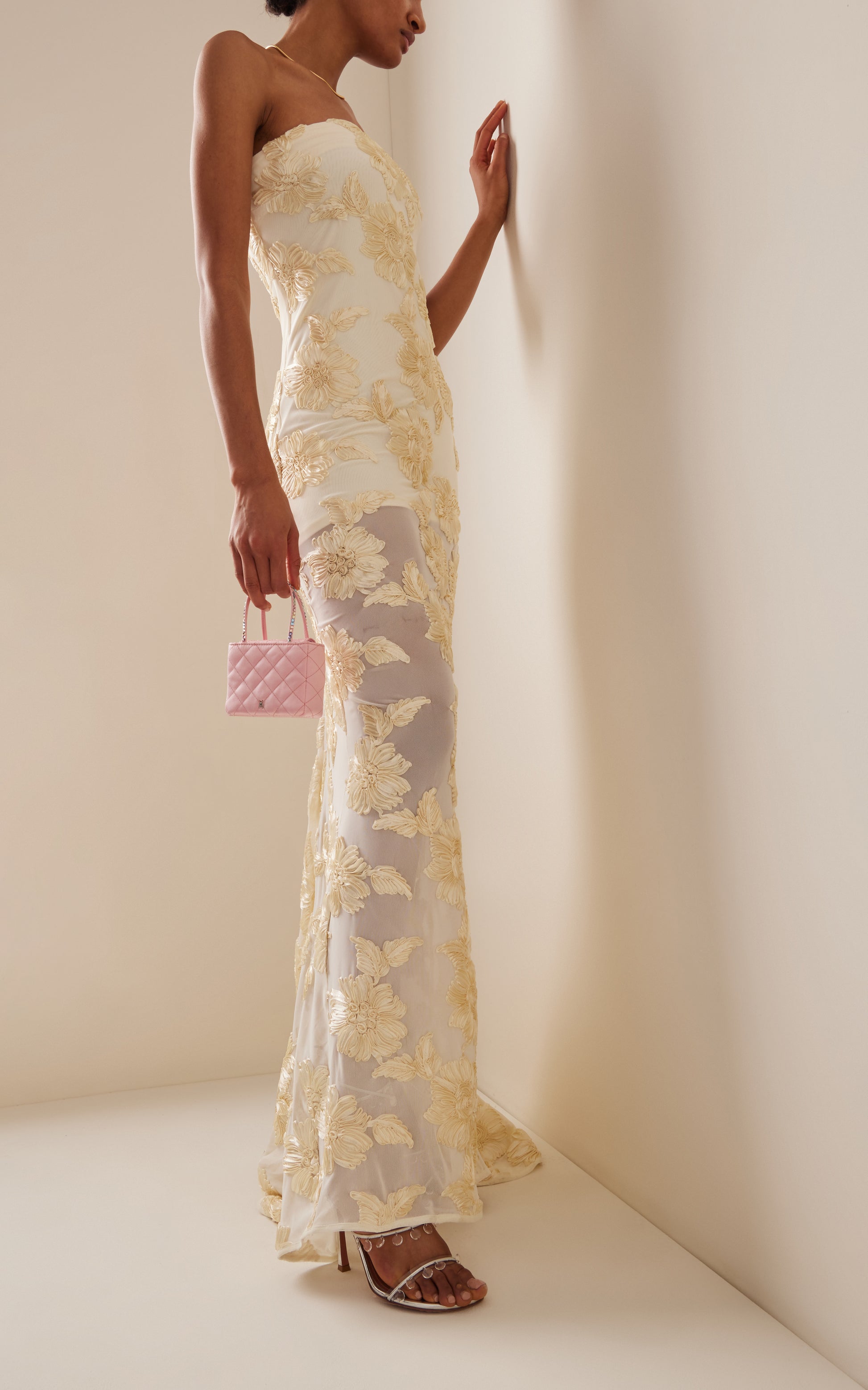 Deliyn Strapless Embroidery Flower Mesh Maxi Dress