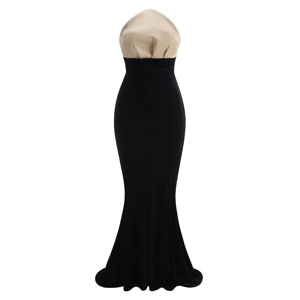 Leather stitching black velvet slit long skirt high waist slim sexy fishtail evening dress skirt