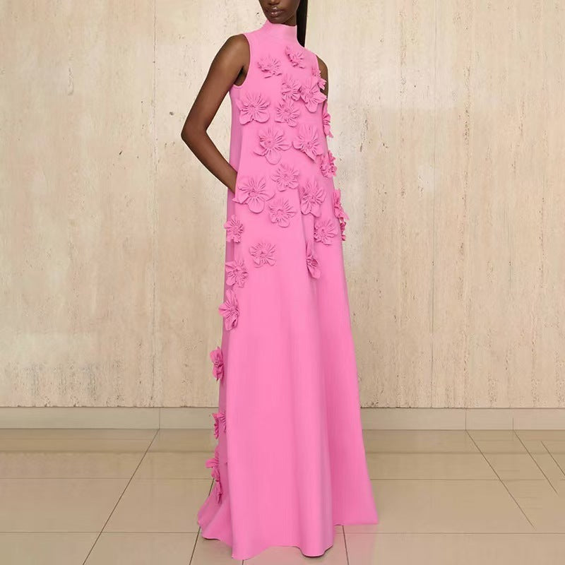 High-neck sleeveless 3D floral ribbon evening dress