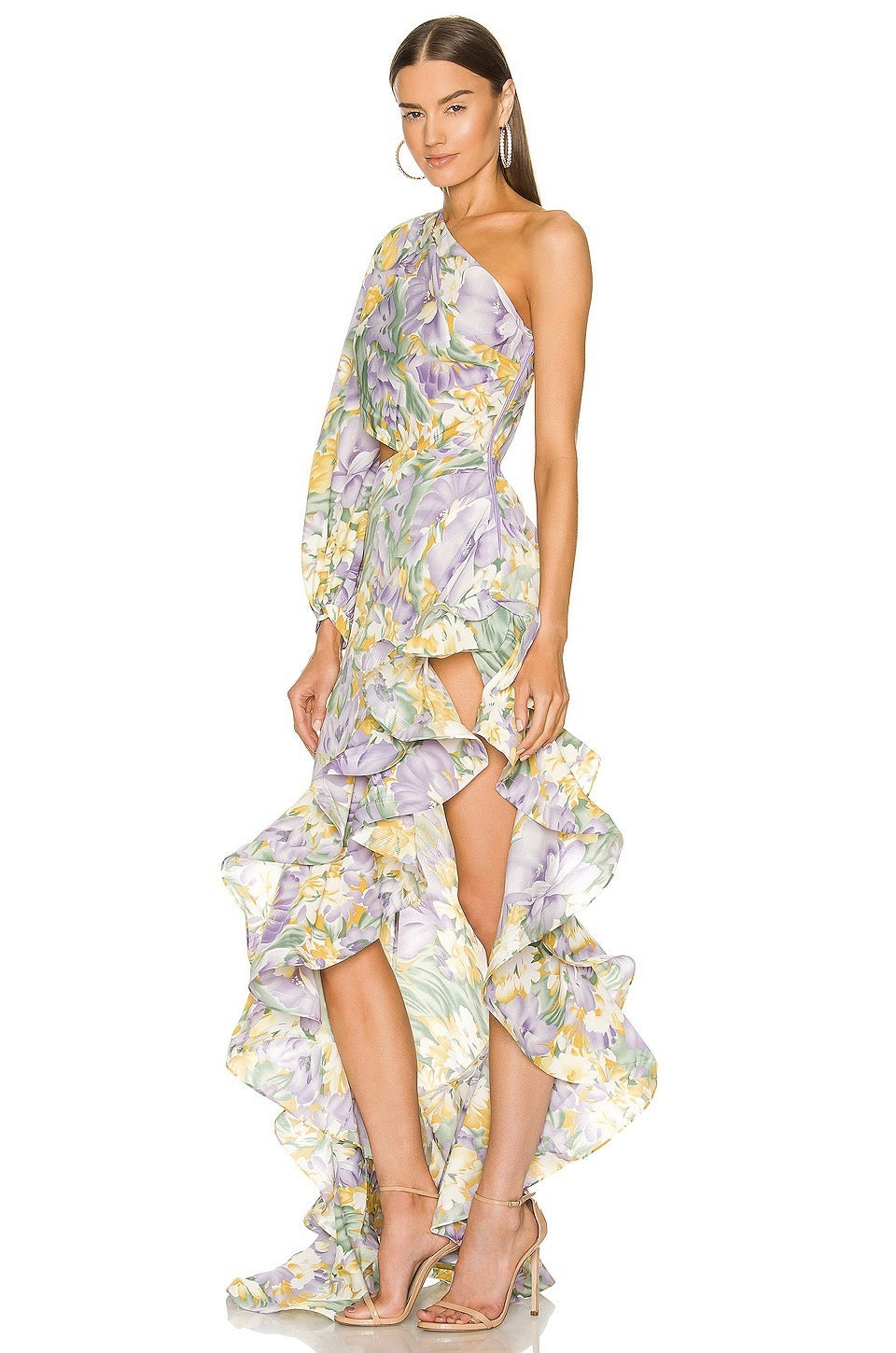 Irregular ruffle floral off-shoulder dress