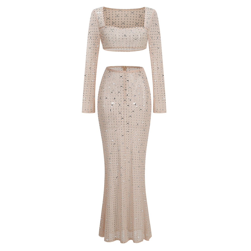 Sexy round neck long sleeve women's hot diamond top slit dress suit