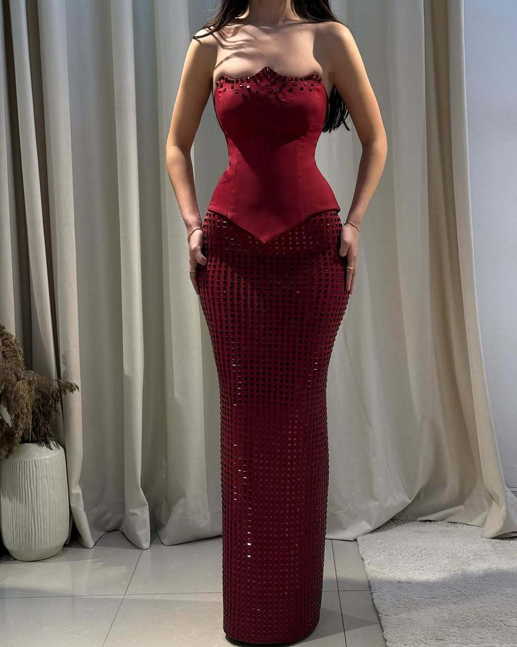 Burgundy sexy slim-fit tube top rhinestone two-piece long hip dress suit