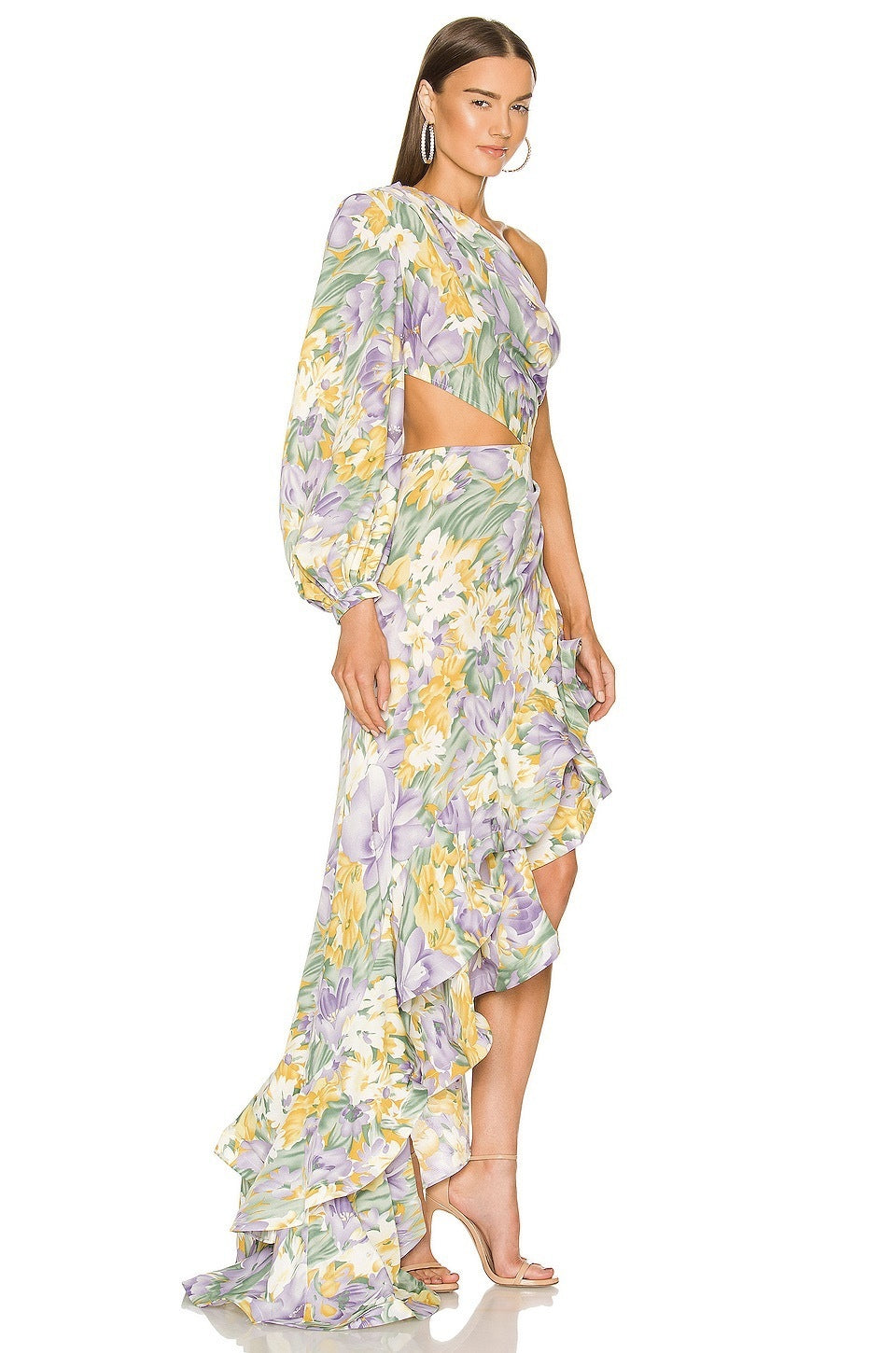 Irregular ruffle floral off-shoulder dress