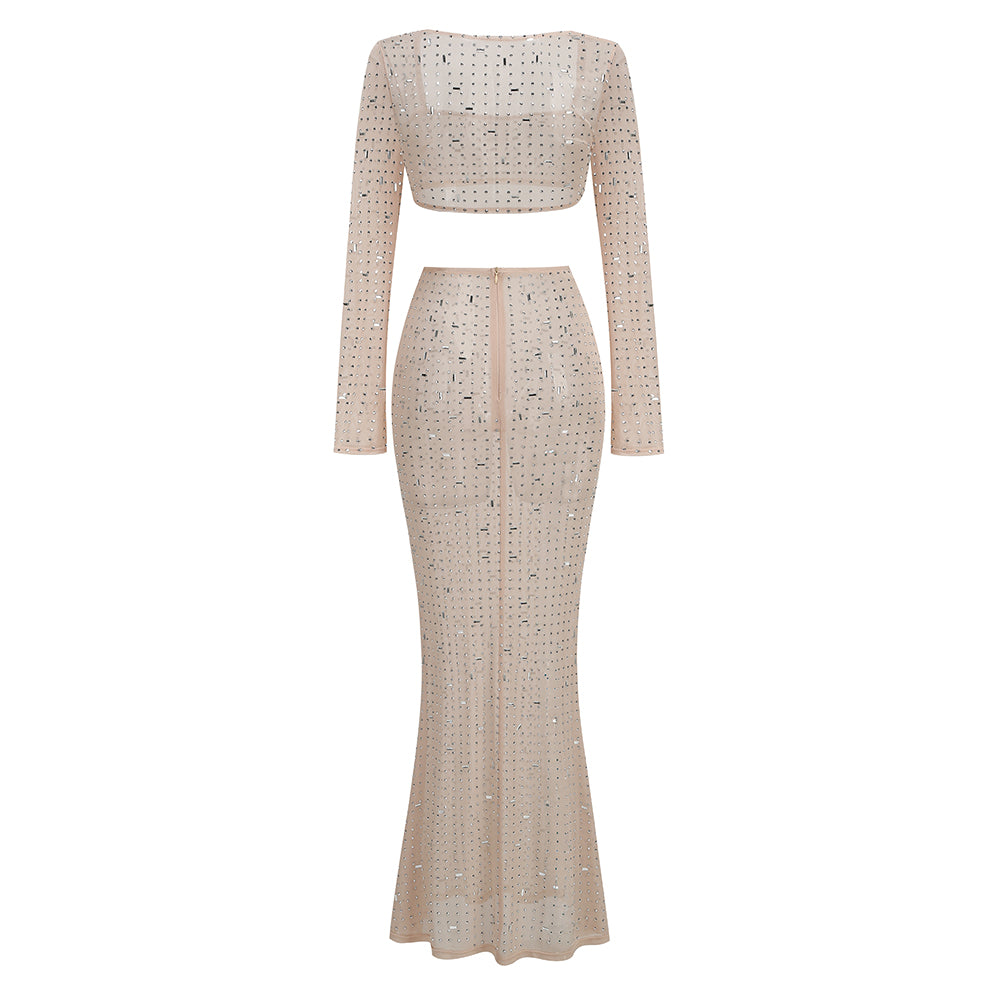 Sexy round neck long sleeve women's hot diamond top slit dress suit