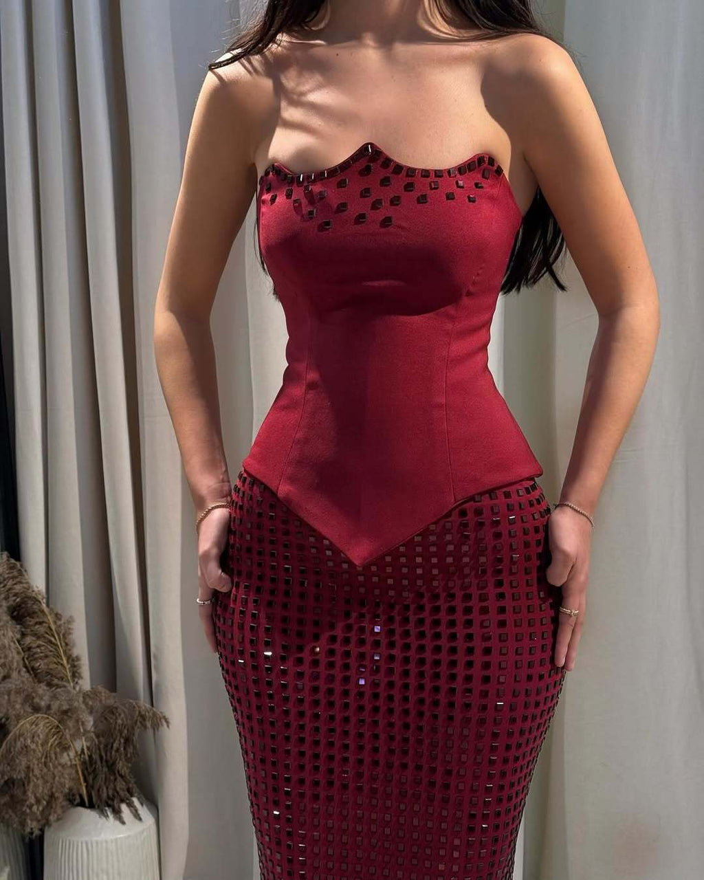 Burgundy sexy slim-fit tube top rhinestone two-piece long hip dress suit
