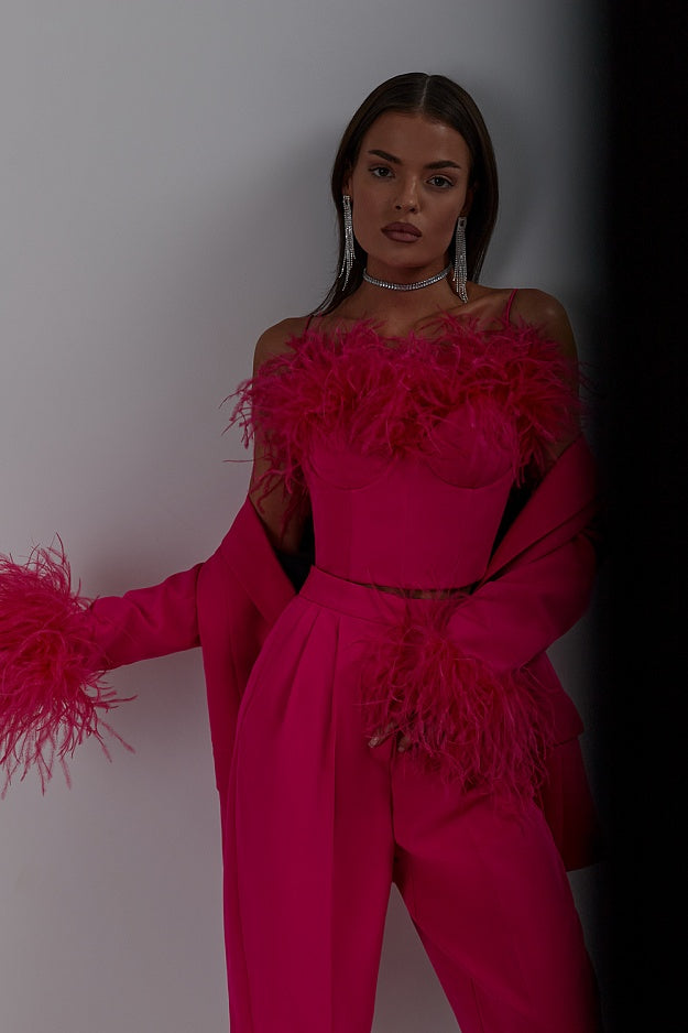 Ostrich feather patchwork suit two-piece suit temperament French casual straight jacket trousers