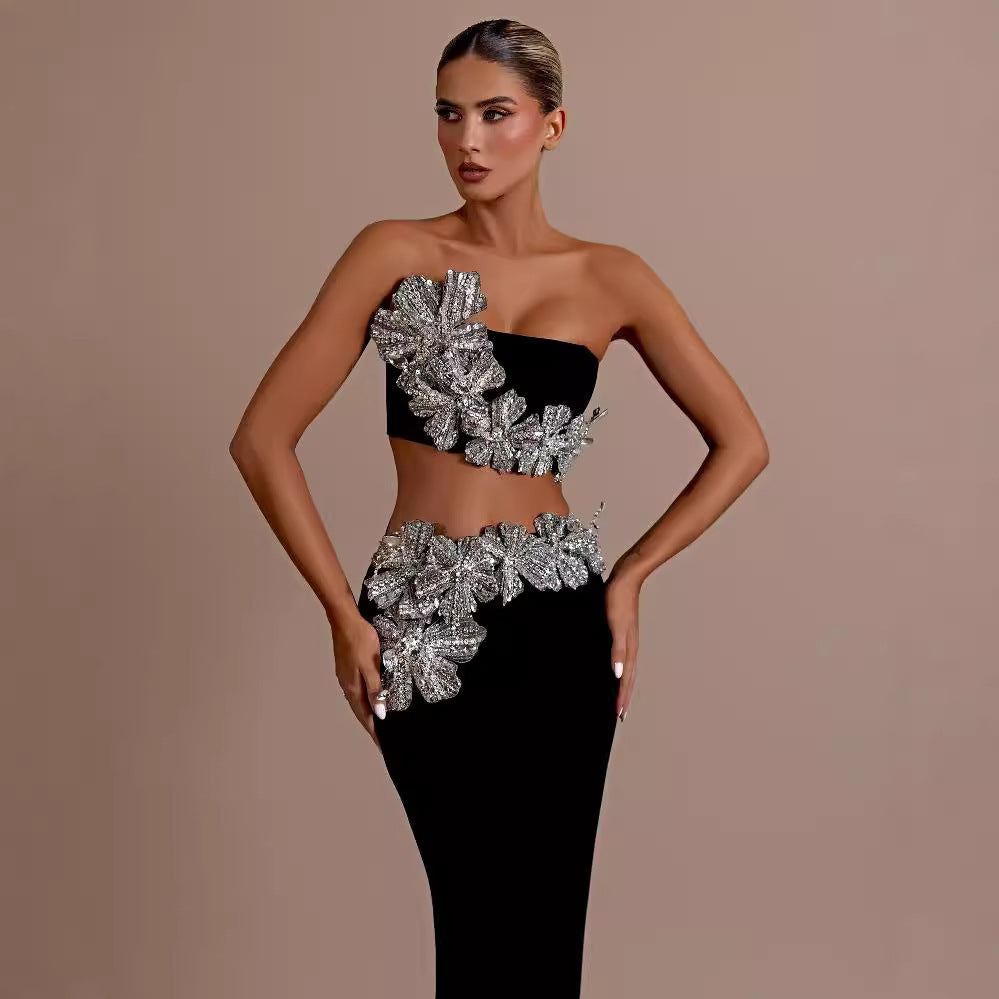 Diamond-embellished strapless top and high-waisted skirt, a two-piece party dress