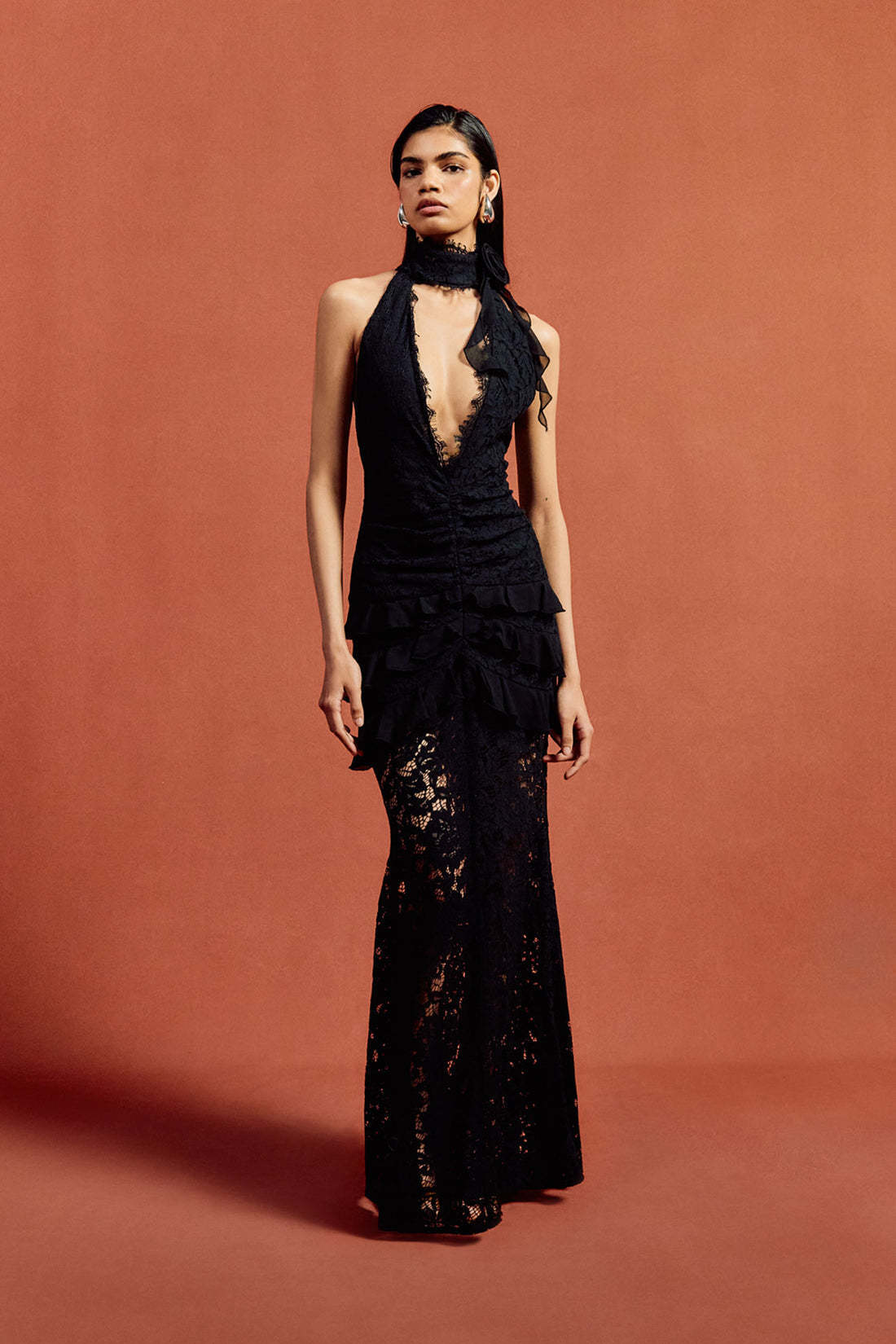 Sexy deep V halter neck lace slim fit evening dress