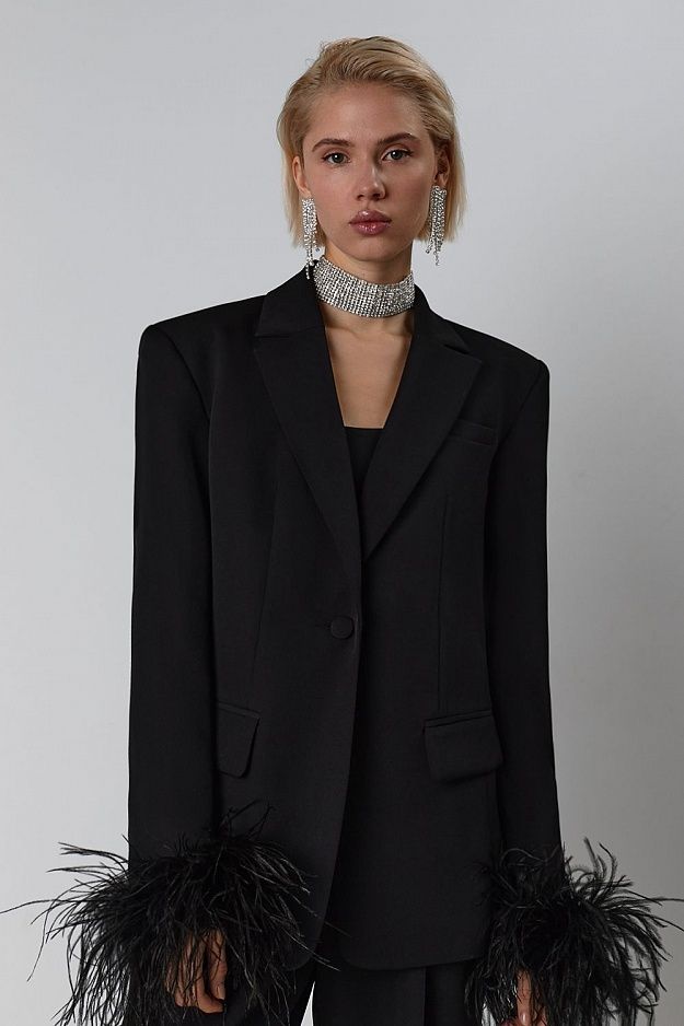 Lapel slim cardigan niche black casual hot diamond fur suit jacket pants two-piece suit