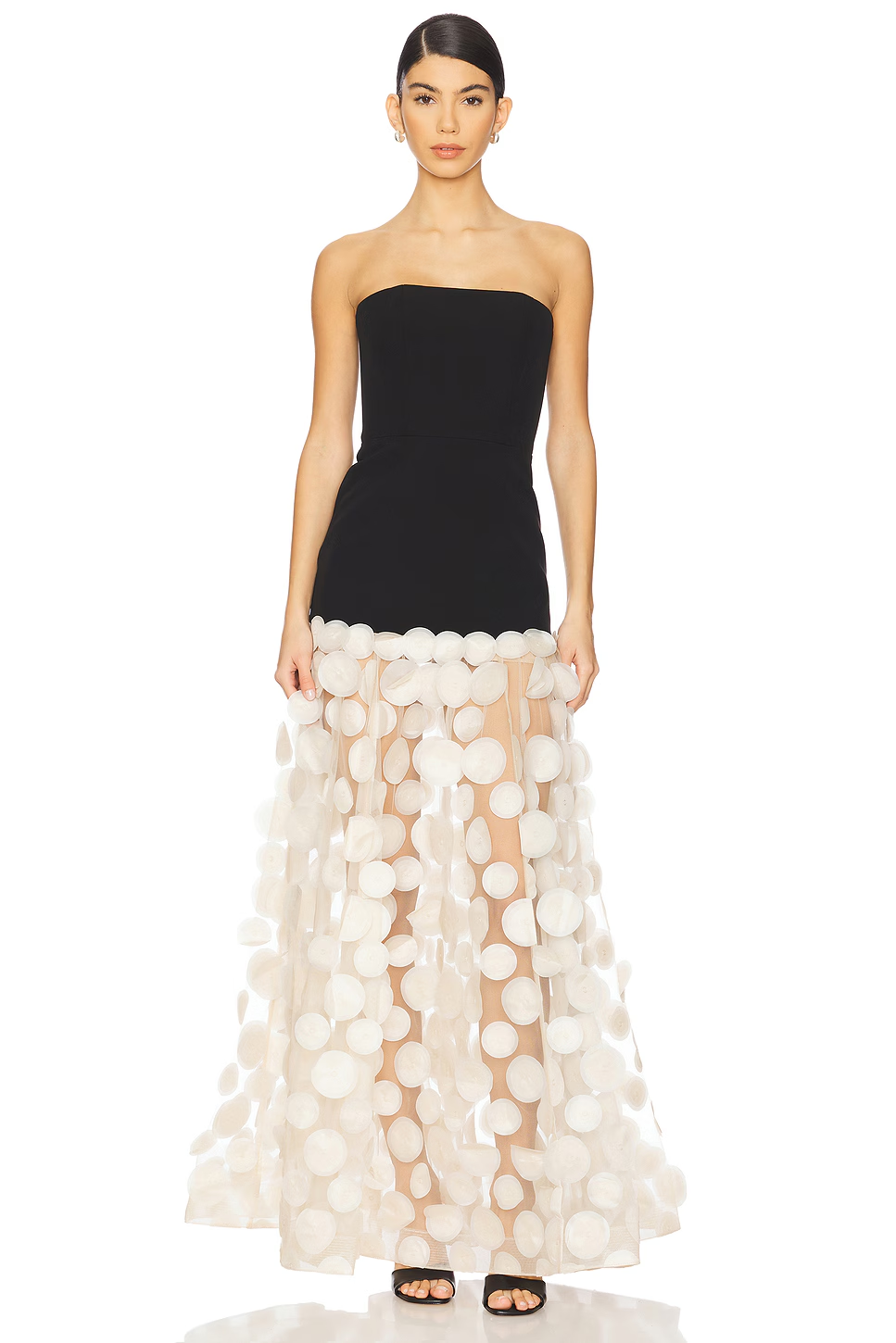 Temperament tube top slim black top spliced with white polka dot mesh long skirt elegant atmosphere banquet dress