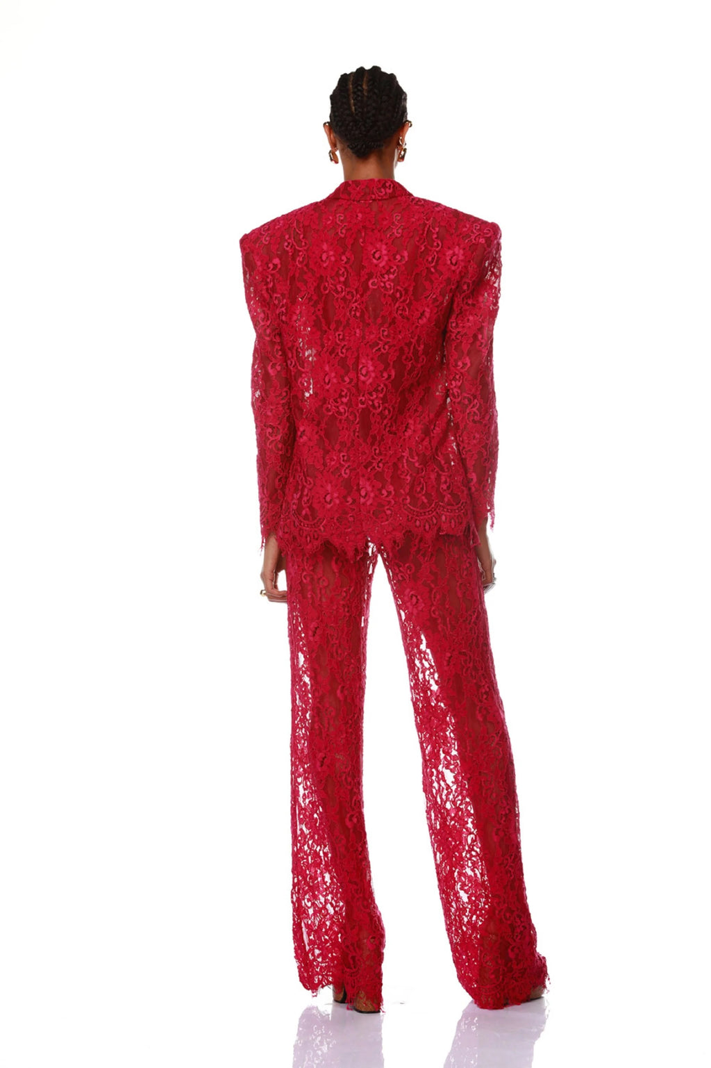 One-button suit, bra, flared trousers, three-piece suit, mesh lace dress