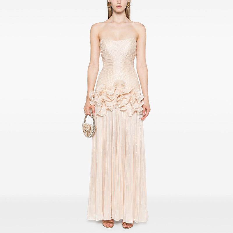 French-style elegant evening gown, sleeveless strapless, sophisticated patchwork long dress