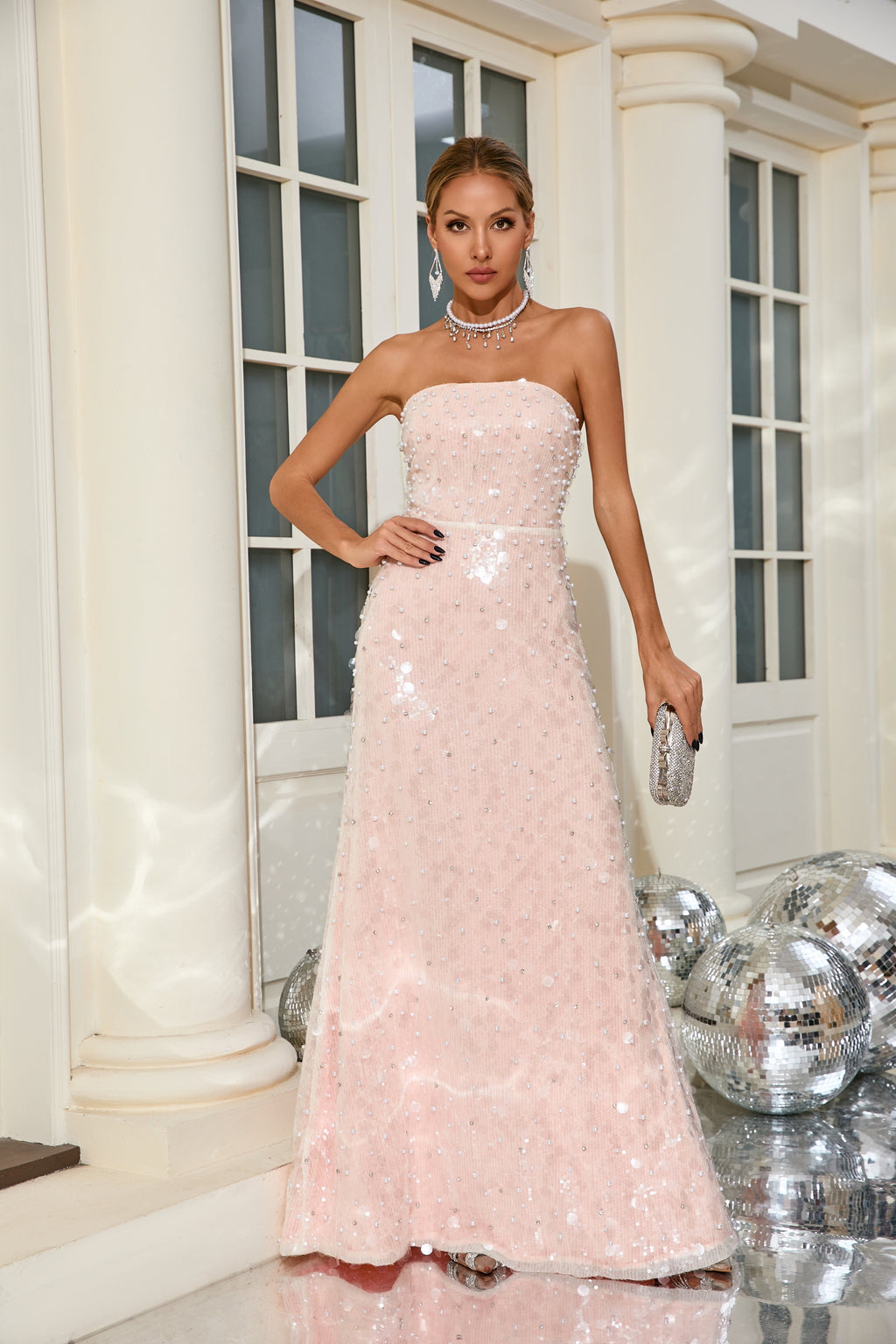 Sequined tube top dress with slim waist and elegant lady dress