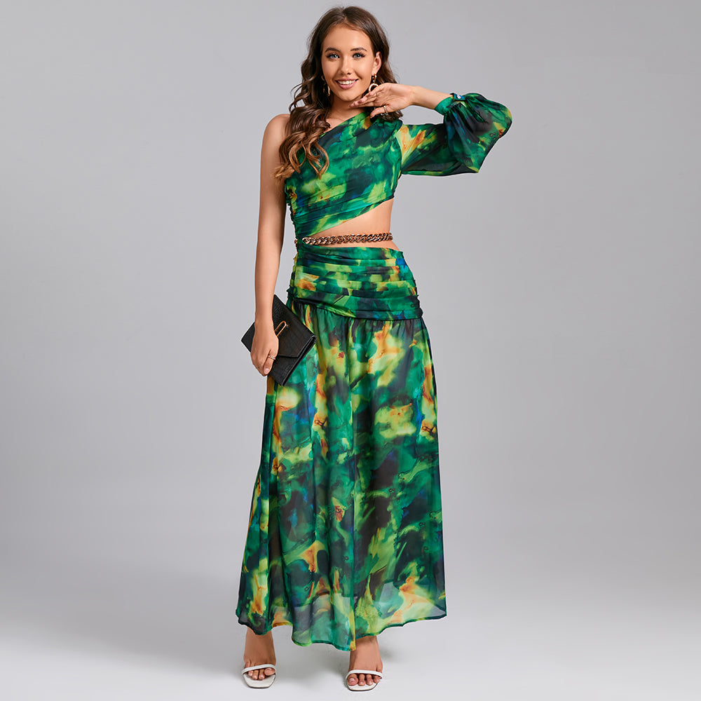 Spring and summer new oblique shoulder exposed waist sexy high fork printed dress