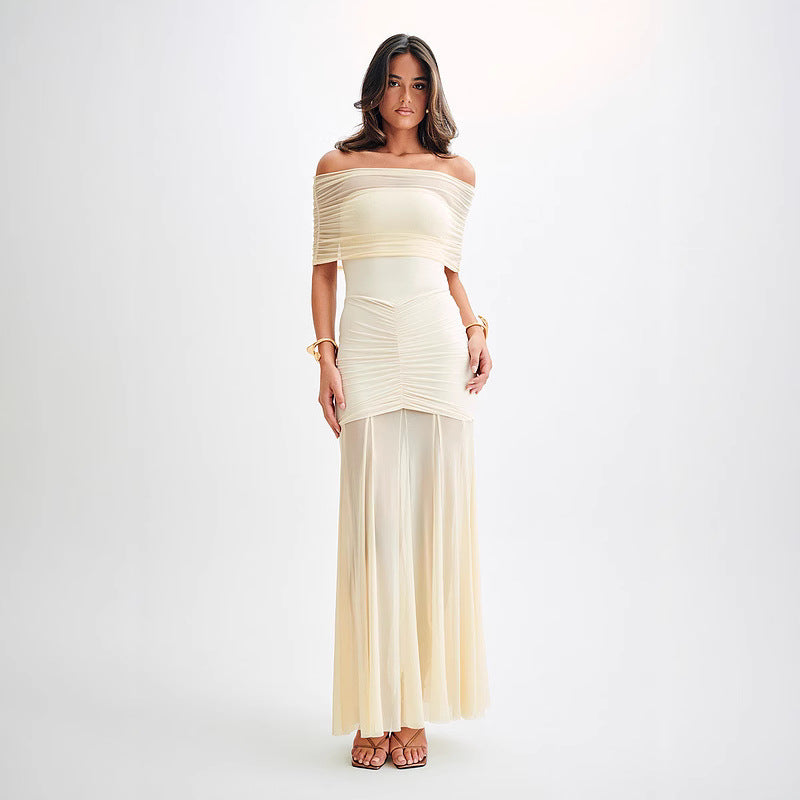 Strapless mesh stitching slim and elegant French dress