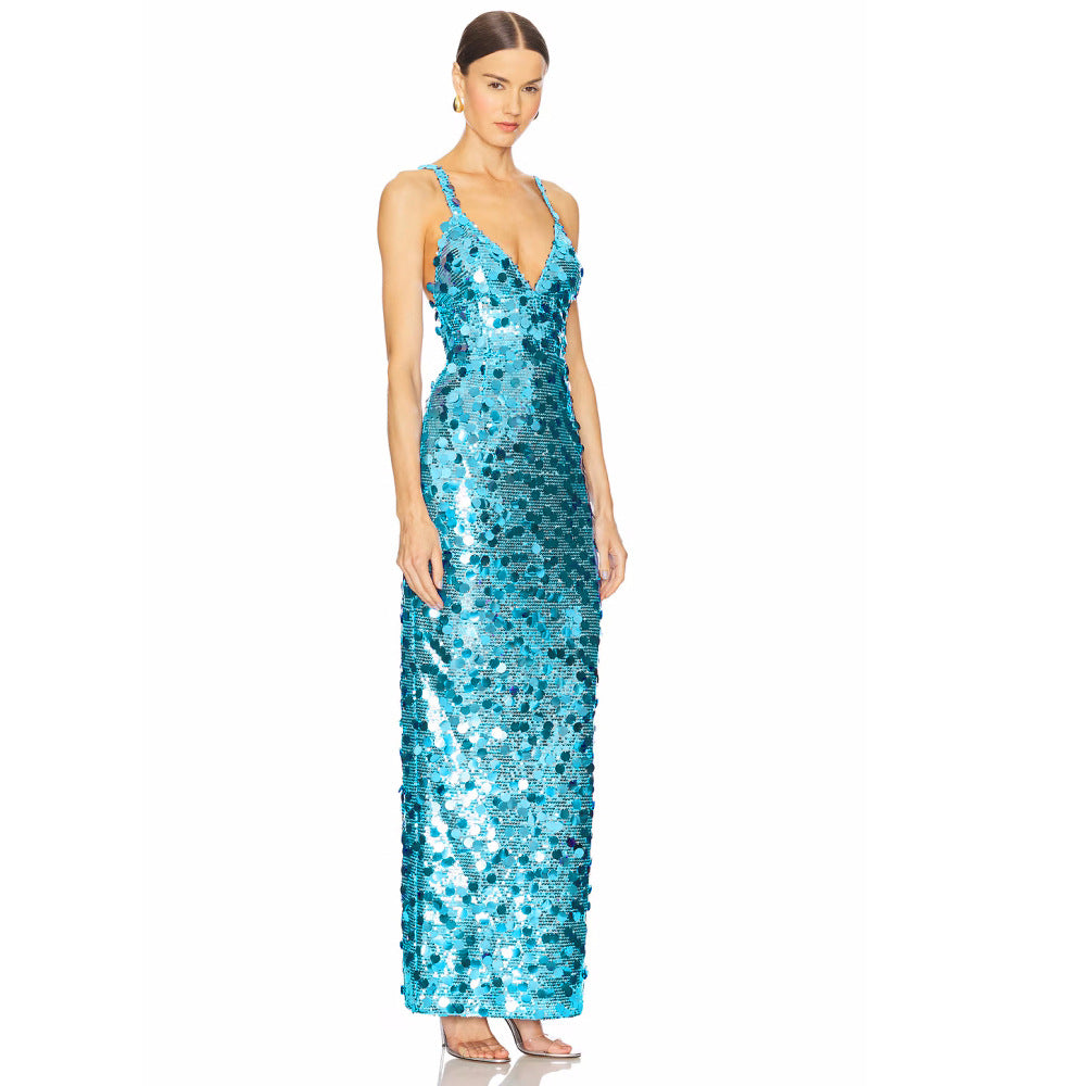 Sequined Sexy Light Luxury Deep V Suspender Maxi Dress Evening Party Dress