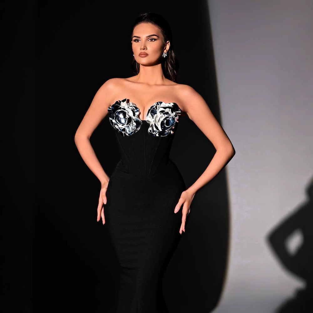 3D rhinestone-embellished strapless slim-fit mermaid evening gown, sexy long dress