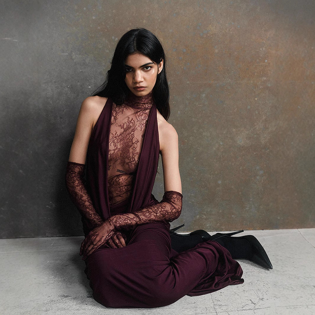 Halter neck deep V lace long sleeve patchwork dress