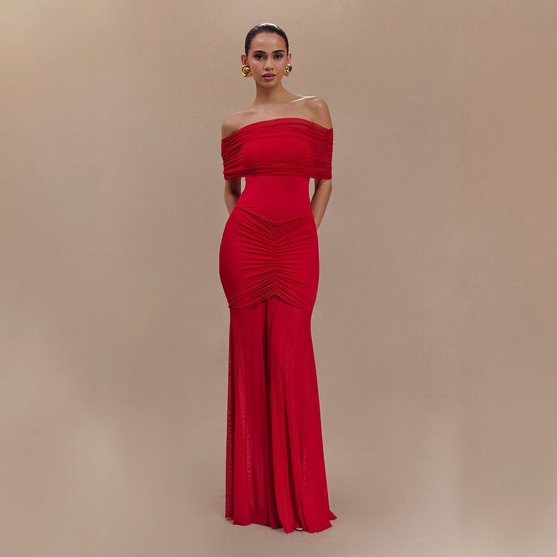 Strapless mesh stitching slim and elegant French dress