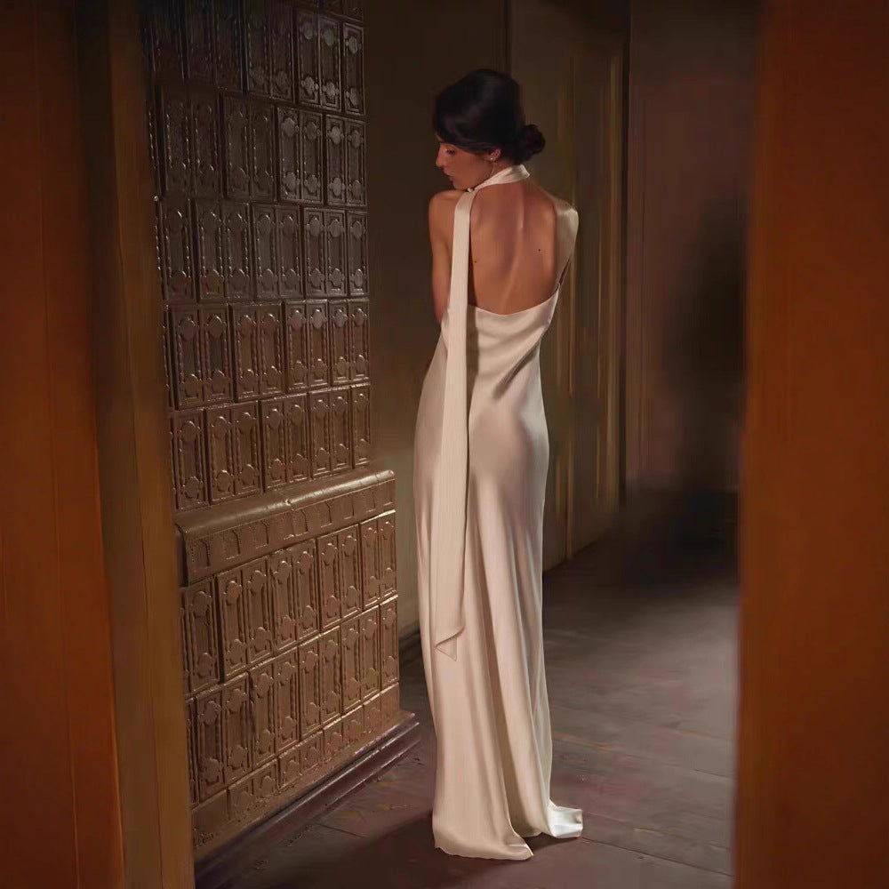 Satin high waist halterneck evening dress