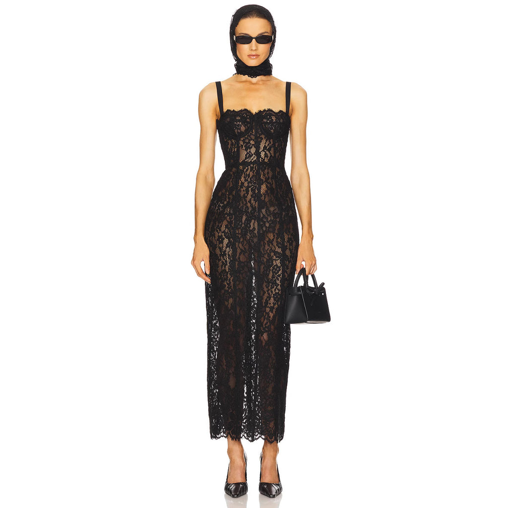Black lace suspender see-through slim dress
