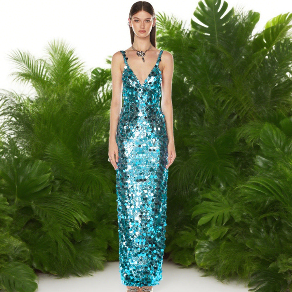 Sequined Sexy Light Luxury Deep V Suspender Maxi Dress Evening Party Dress