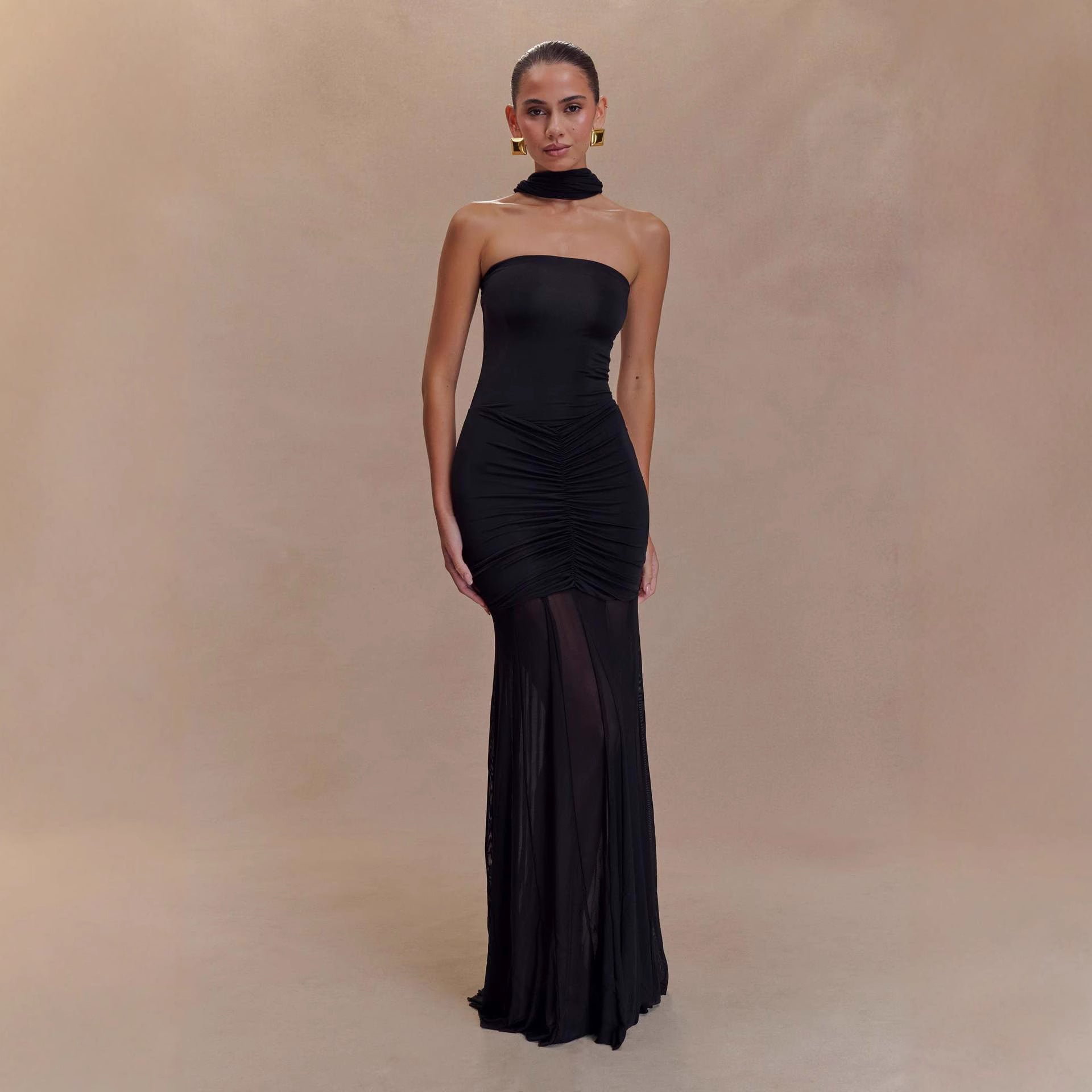 Strapless mesh stitching slim and elegant French dress