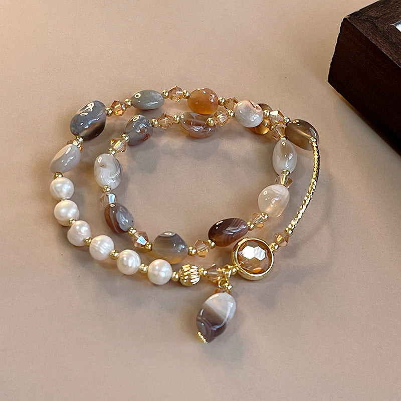 Pearl, crystal, and jade double-loop bracelet