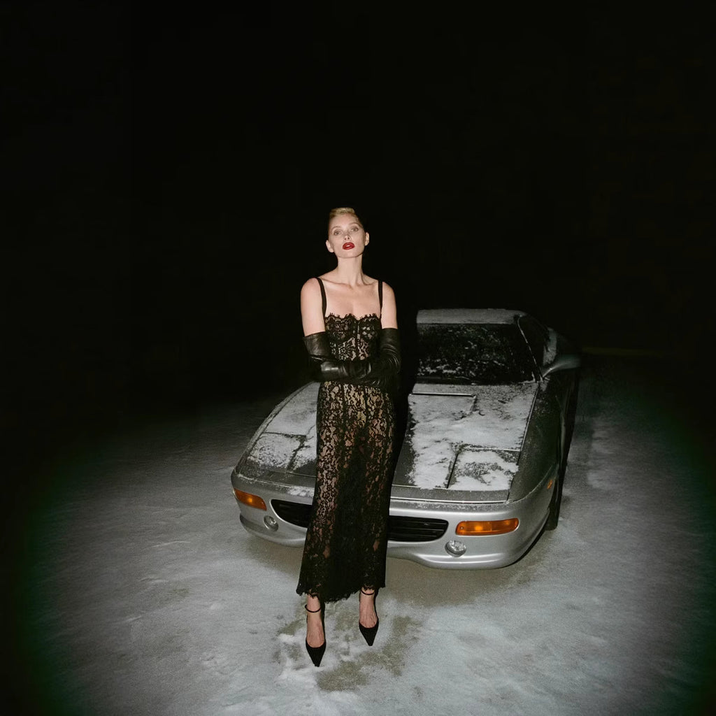 Black lace suspender see-through slim dress