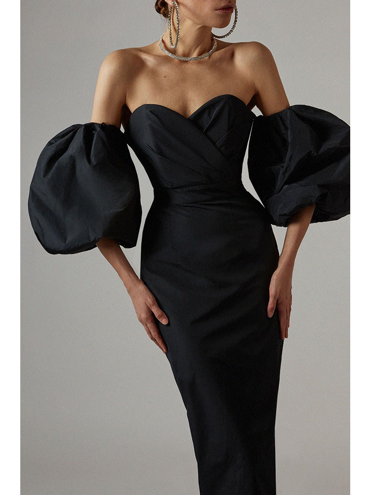 Black bandeau dress with large puff sleeves party dress female fashion dress mid-length skirt