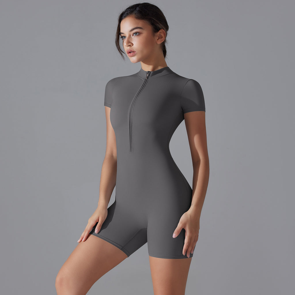 Short-sleeved zipper yoga one-piece athletic jumpsuit