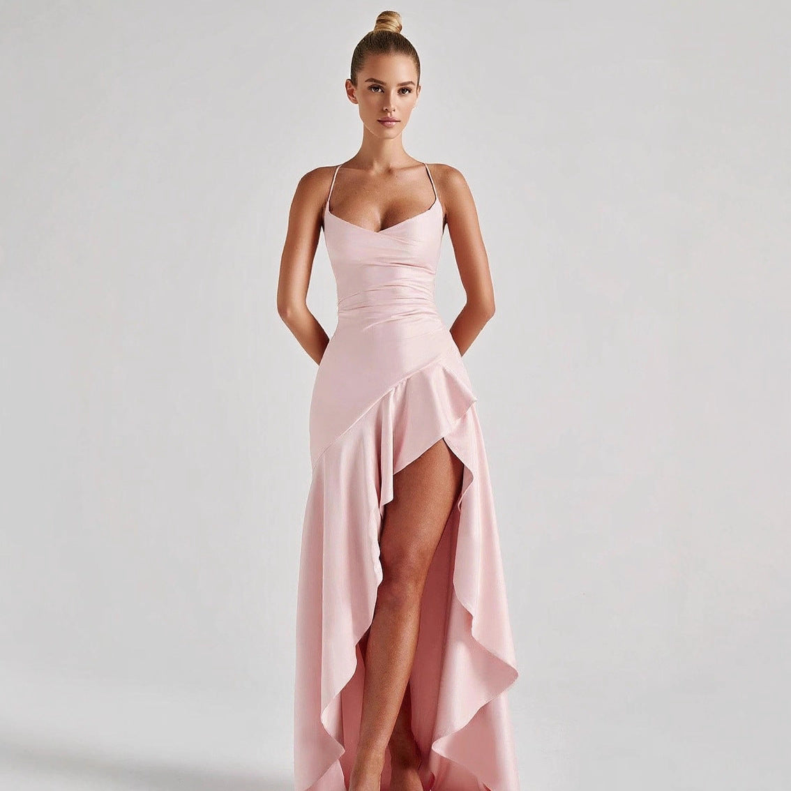 Spaghetti strap backless ruffled asymmetrical dress