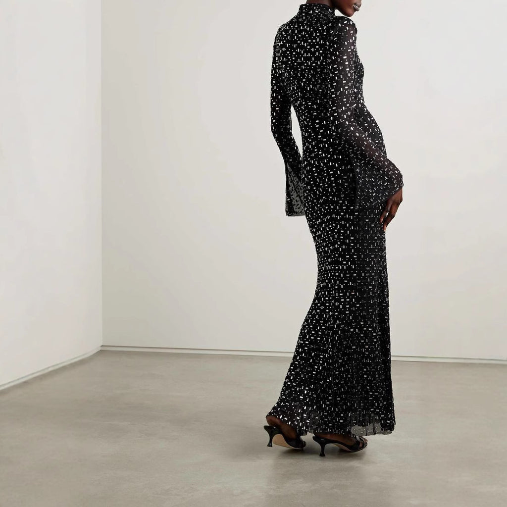 Mesh half-high collar long sleeve hot diamond slim fit hip long dress