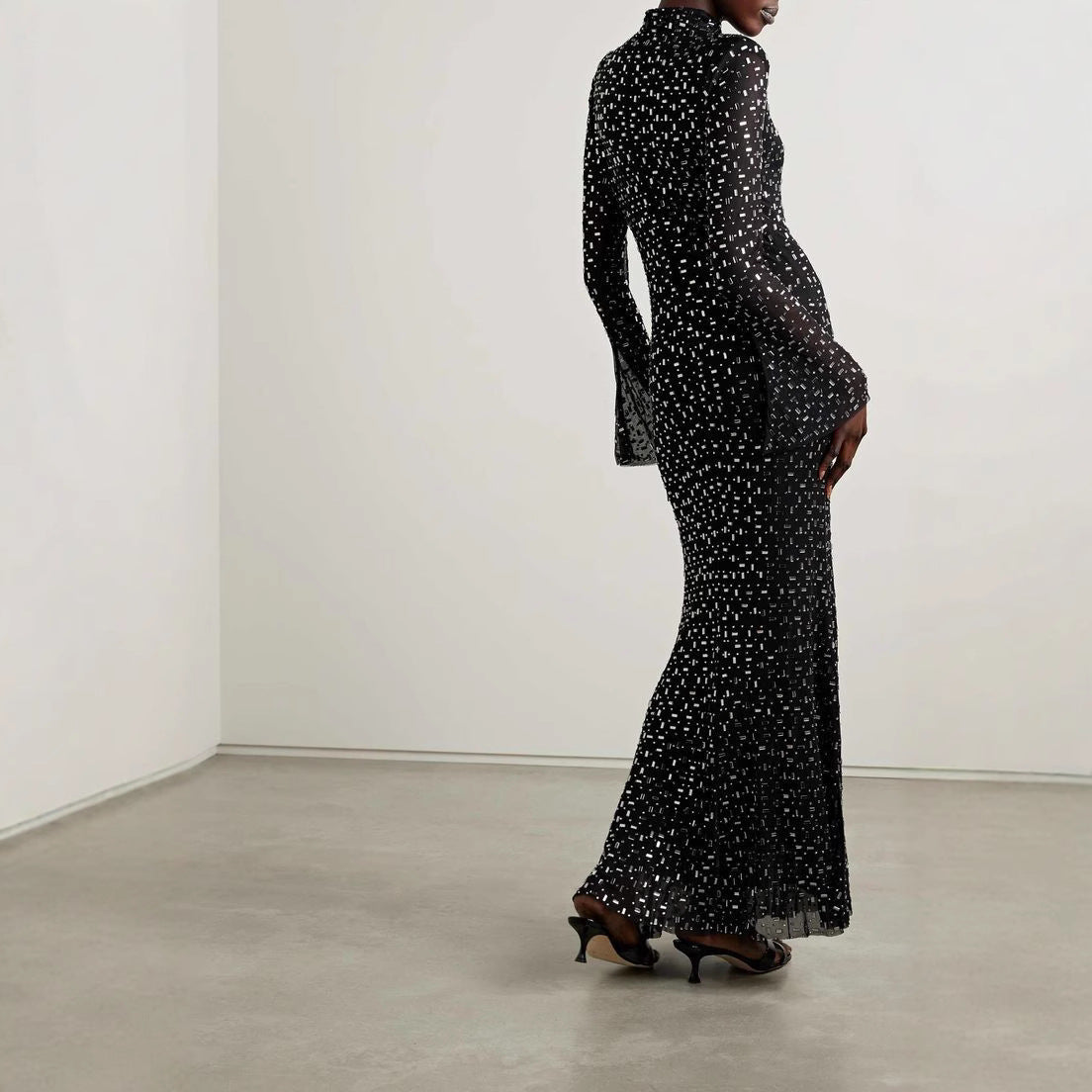 Mesh half-high collar long sleeve hot diamond slim fit hip long dress