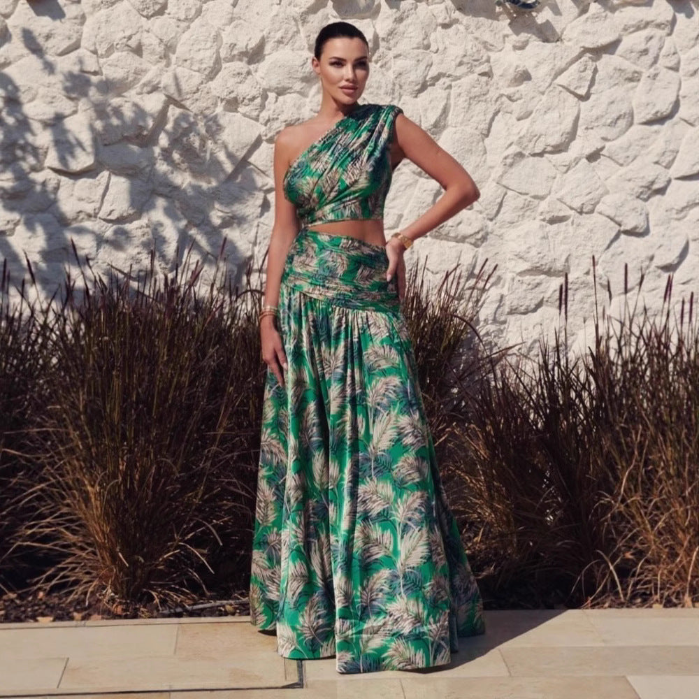 Holiday style one-shoulder two-piece high waist slit maxi dress evening party suit dress