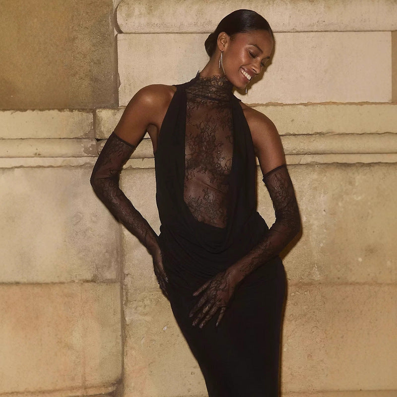 Halter neck deep V lace long sleeve patchwork dress